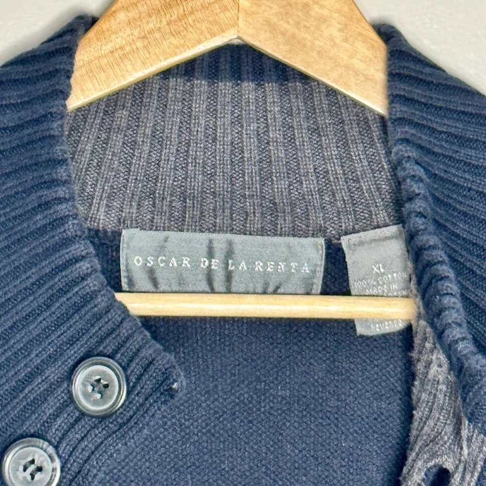 Oscar de la Renta Funnel Neck Cotton Dark Blue Ribbed Button Cardigan Sz XL